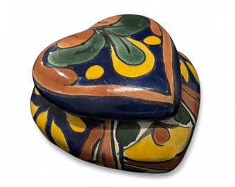 Caixa de Joias em Formato de Coração Talavera Vintage | Arte Popular Mexicana Pintada à Mão