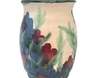 Ceramic Pottery Vase Stained with Beautiful Colors Gentle Floral Design Handmade Signed