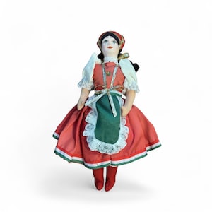 ヴィンテージ 8インチ イタリア民俗人形 – 伝統的な赤いドレスを着た手作りの布製フィギュア、コレクター向けお土産人形