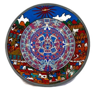 Aztec Calendar Mexican Tonala Wall Plate, Village Scene, Colourful Folk Art, Home Decor, Art Pottery from Mexico