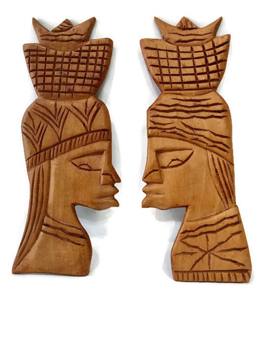 2 Carved Wooden Wall Plaques / Hand Crafted Ethnic Art / Pair of Tribal