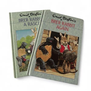 May include: Two vintage children's books by Enid Blyton, featuring "Brer Rabbit". The covers display illustrations of animal characters, including a rabbit and a tortoise. The books have a pale green background with the title in black and red.