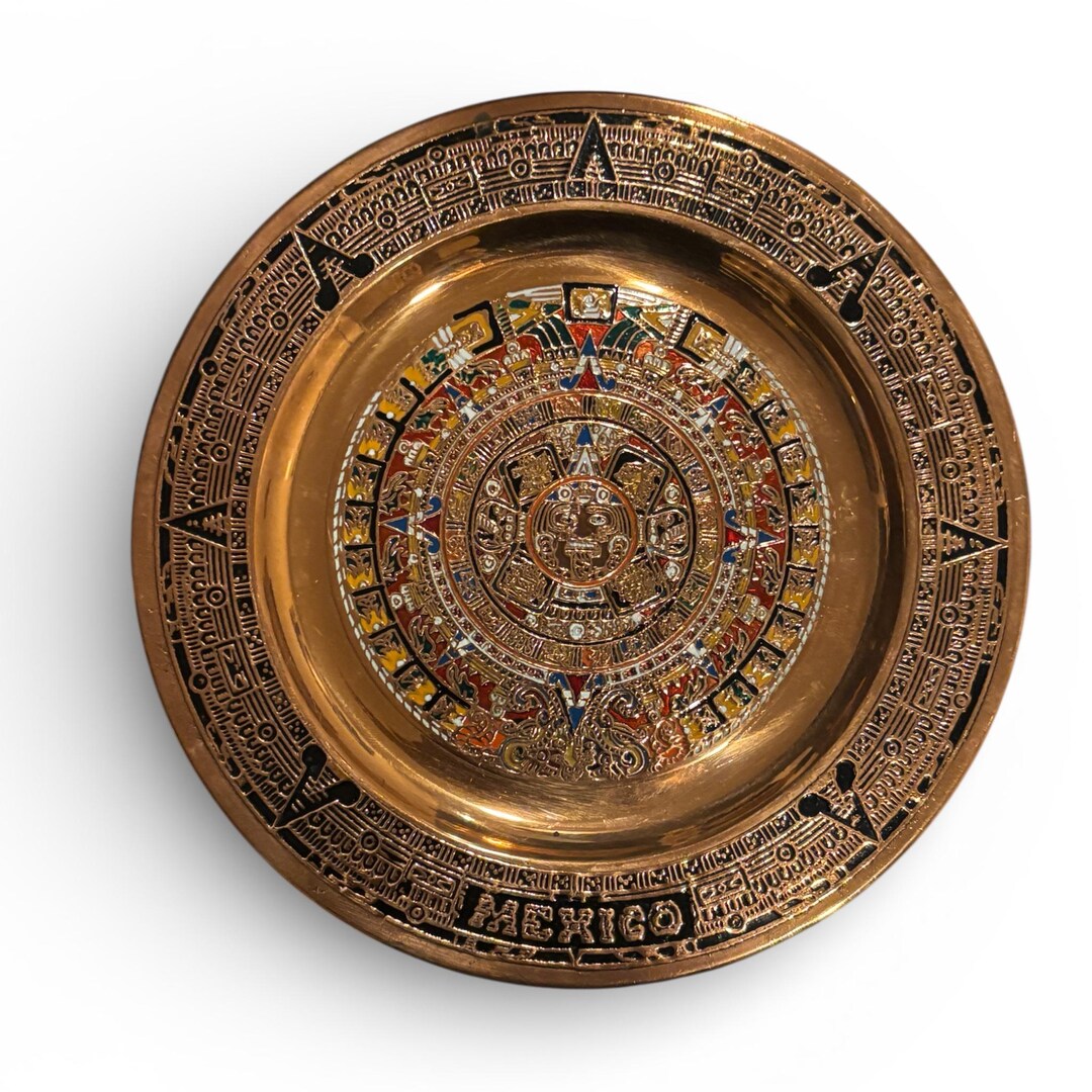 Mexican Aztec Sun Stone Wall Plaque | Cast Brass Aztec Calendar | Mid ...