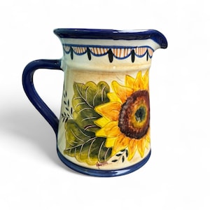Portuguese Pottery Pitcher | Handmade In Portugal | Rustic Ceramic Vase | Small Jug with Handle | Sunflower Motif | Signed by Artist