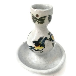 Vintage Hand Painted Ceramic Candle Holder for Taper Candles, Pretty Bird and Flower Design, Signed by Artist