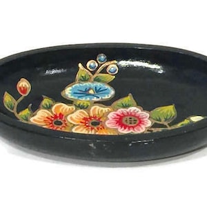 Vintage Hand Painted Wooden Plate or Bowl with Colourful Painted Floral Motif, Candy Dish or Trinket Holder