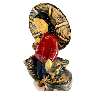Mid Century Favor Ware Asian Figurine | Chalk Ware Stature Of Chinese Girl with Parasol | Hand Painted and Collectible