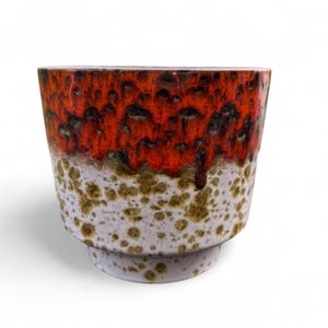 Vintage West German Fat Lava Planter – Mid Century Modern Red Orange & White Pottery, 1960s Bay Keramik Style