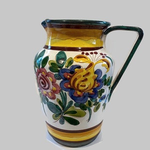 Handmade Italian Art Pottery Pitcher – Rustic Ceramic Vase Jug with Floral Etched & Painted Design – Mediterranean Tableware