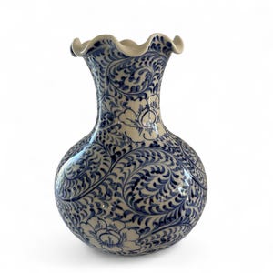 Vintage Blue and White Ceramic Vase | Floral Motif | Large 8" Vase with Scalloped Edge