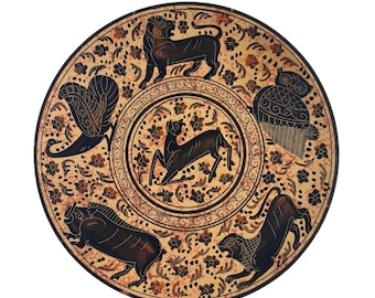 Ancient Greek Wall Plate | Terracotta Black Figure Animals, Corinthian Style