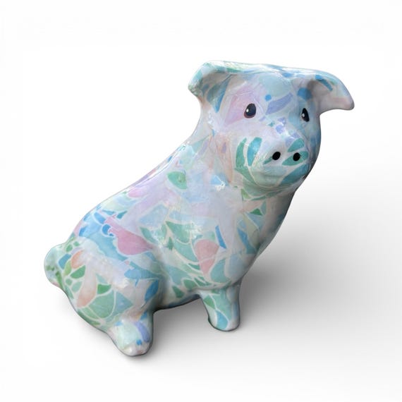 Vintage Pastel Decoupage Pig Figurine