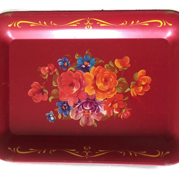 Red Tin Tole Tray | Pretty Floral Design | Antique Charm | Each Sold Separately