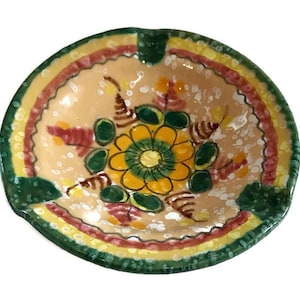 Hand Painted Pottery Bowl / Ashtray, Yellow and Green with Floral Design, Earthy Colours | Vintage Bowl