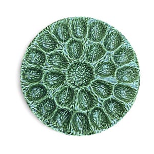 Vintage Olfaire Majolica Cabbage Leaf Egg Plate – Large Portuguese Ceramic Serving Dish – Retro Appetizer Platter