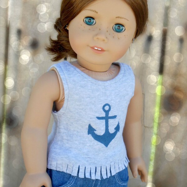 Gray Tank Top With Anchor Design & Fringed Edge for American Girl Doll
