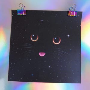 Blep Cat Art Print, Black Space Cat Themed Art Print, Cosmic Kitty, Celestial Art, Original Art, Cat Wall Art, Wall Art, Home Decor
