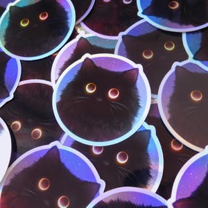 Eclipse Kitty holographische Vinyl Aufkleber, wasserfester Aufkleber, Kitty Aufkleber, Katzenaufkleber, schwarze Katze Aufkleber, wetterfester Aufkleber, Laptop Aufkleber