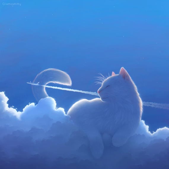Siki 原画 猫 雲 アート キャンバス ブルー Siki 原画 猫 アート