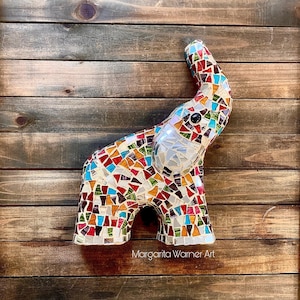 Elephant Mosaic / Mosaic Elephant Art Sculpture /Elephant Gifts Home Decor / 9x7.5x1.5&quot;  / wall hanging and free standing elephant.