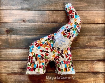 Handmade Mosaic Elephant Sculpture: Colorful Glass Art Decor