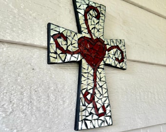 Mosaic Cross Wall decor l stained glass mirror and red tones | Sculptures & Statues | 11"x8" | Home Decor | Hand Made