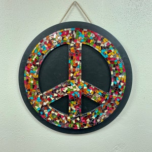 Mosaic Peace Sign Wall Art  / 18x18x2" / Hippie Decor