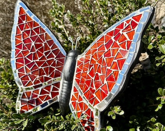 Handmade Red Mosaic Butterfly, Ceramic Wall Art, Garden Decor