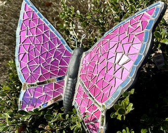 Handmade Glass Mosaic Butterfly, Pink Garden Wall Art