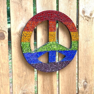 Rainbow Symbol Mosaic Peace Sign 9"/12"/16" Round Hippie,Pride Colors.