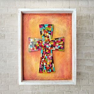 Cruz Mosaico Nicho / Esculturas y Estatuas / Colgante de Pared / 12&quot;x16 x1.5&quot;/ Decoración del Hogar / Hecho a Mano.