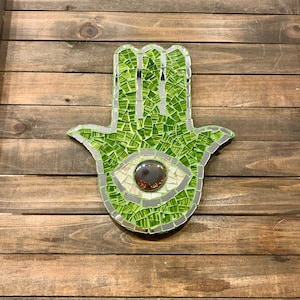 Mosaic Hamsa Hand, Green Evil Eye, Handmade Wall Decor (9x7.5)