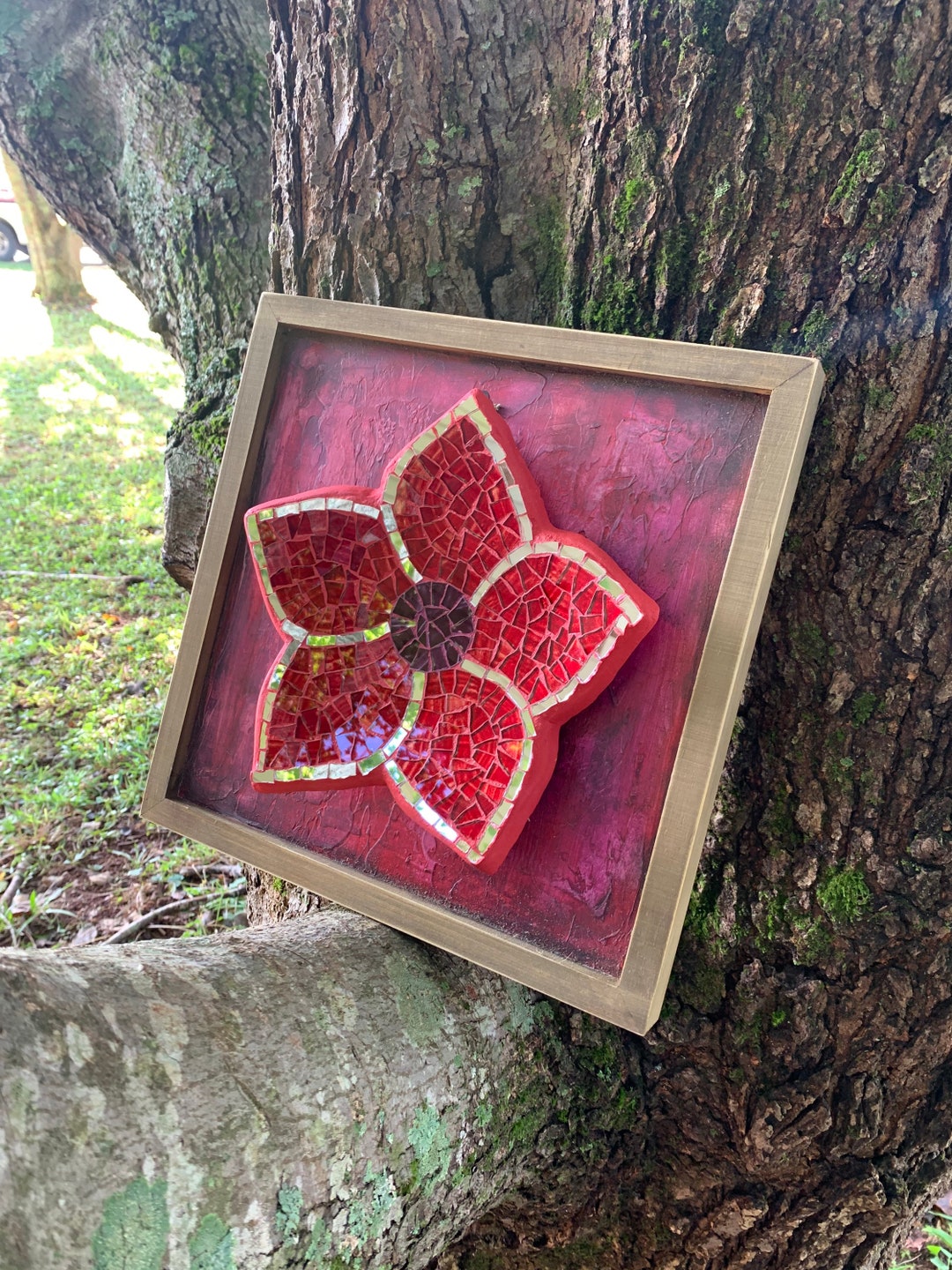 Mosaic Flower Wall Art / Hand-made / Clay & Glass /wall Art in Red ...