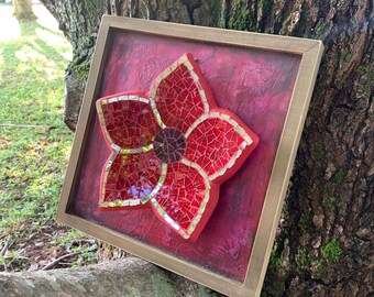 Mosaik Blumen Wandkunst / Handgemacht / Ton & Glas / Wandkunst in Rot / Einweihungsgeschenk / 23X22X1 1/4 Zoll
