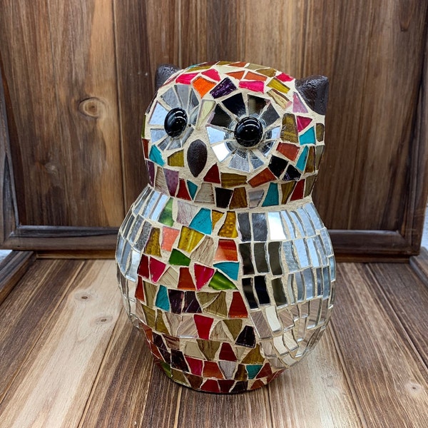 Chouette en mosaïque artisanale, décoration murale hibou faite main, mosaïque de verre, art de la chouette, chouette peinte à la main, tenture murale, art de la chouette en mosaïque