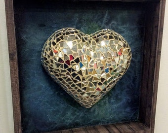 Nicho Art Mosaic Heart ,Looking Glass Mosaic Heart Frame, I Love You ART ,Love Gift , Wall Art. 12x12x2” Box.