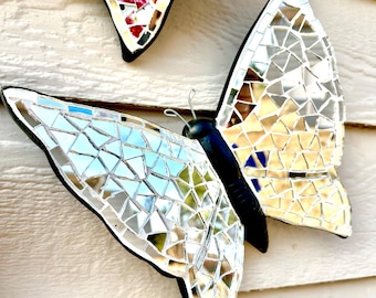 Handcrafted Glass Mosaic Butterfly, Silver Garden Wall Art
