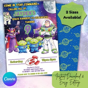 May include: A birthday invitation card featuring Buzz Lightyear, Zurg, and three green aliens against a space background. Text includes: COME IN STAR COMMAND, JAYDEN'S SPACE RANGERS TO CELEBRATE TURNING 9, Saturday, SEPT 19TH, 12pm-3pm, Jayden's Home, 123 BUZZ LIGHTYEARS WAY, TO INFINITY, AND BEYOND 12345, PLEASE RSVP TO BONNIE @ 123-456-7890.
