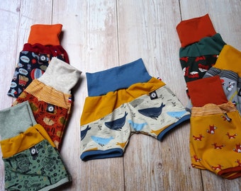 Baby child's evolving shorts 3 months to 3 years old with foxes, hedgehogs and pirates patterns