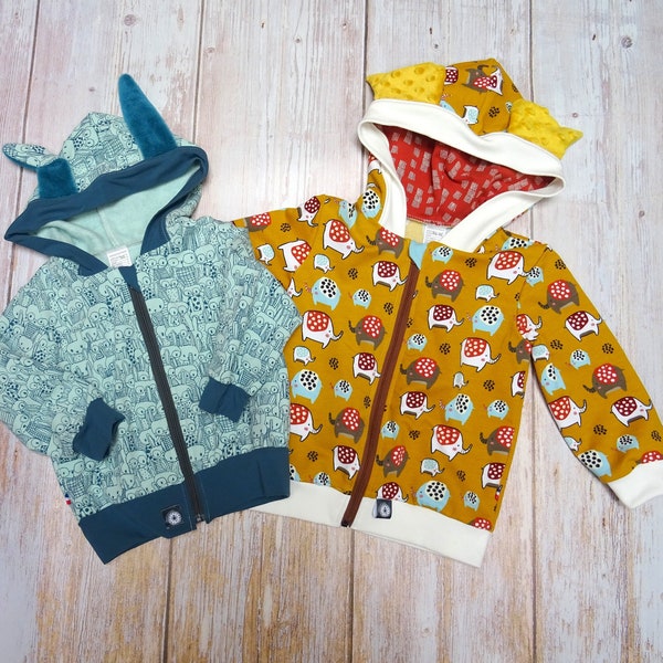 Veste sweat à capuche bébé avec oreilles motif éléphant ou monstre