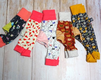 Scalable baby child harem pants made in France with various patterns