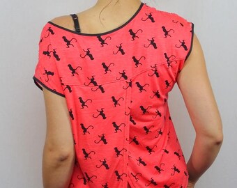 T-shirt women coral Halter printed monkey with transparency