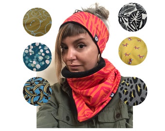 Women's snood and headband with colorful patterns made in France