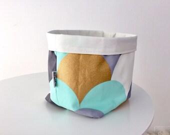 Fabric storage basket - mint, gold and grey scallops. Reversible basket, baby shower gift, bathroom storage, nursery storage, fabric pouch