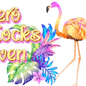 Puede incluir: Un diseño gráfico colorido con el texto "Zero Flocks Given" en letras amarillas y rosas. Un flamenco rosa, naranja y amarillo se para en una pierna con hojas tropicales detrás.