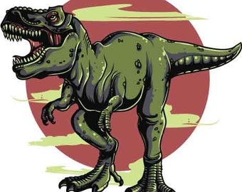 May include: A green Tyrannosaurus Rex dinosaur with a red sun and clouds in the background. The dinosaur is roaring with its mouth open and its teeth showing.