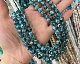 Blue Mosaic Shell Round Beads：6/8/10mm Mother of Pearl Shell Beads,Semi Product Gemstone ,For Hand Jewelry Making Supplies 15"