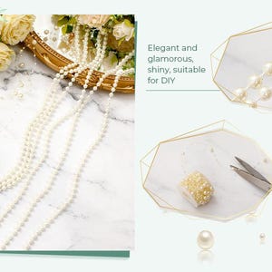 May include: Ivory pearl beads on a marble surface, with text that reads "Elegant and glamorous, shiny, suitable for DIY". The beads are connected with nylon string and easy to cut.