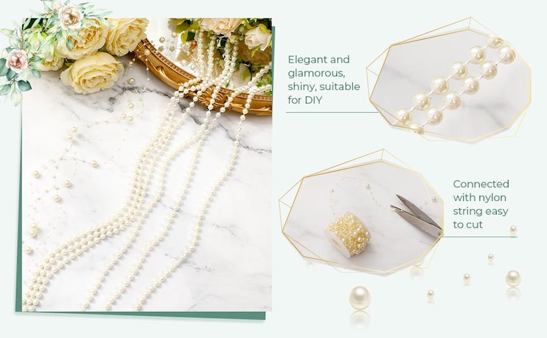 May include: Ivory pearl beads on a marble surface, with text that reads "Elegant and glamorous, shiny, suitable for DIY". The beads are connected with nylon string and easy to cut.