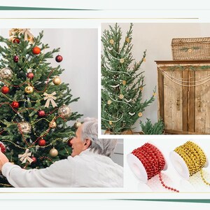 May include: A decorated Christmas tree with red, gold, and silver ornaments, bows, and beaded garland. Additional images show smaller decorated trees, a wooden cabinet, and spools of red, gold, and silver beaded garland, perfect for holiday decorating.